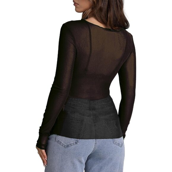 🆕 Women Black Mesh Sheer Long Sleeve Tops Lace Sexy Mock Neck Shirts Layering - Picture 4 of 4